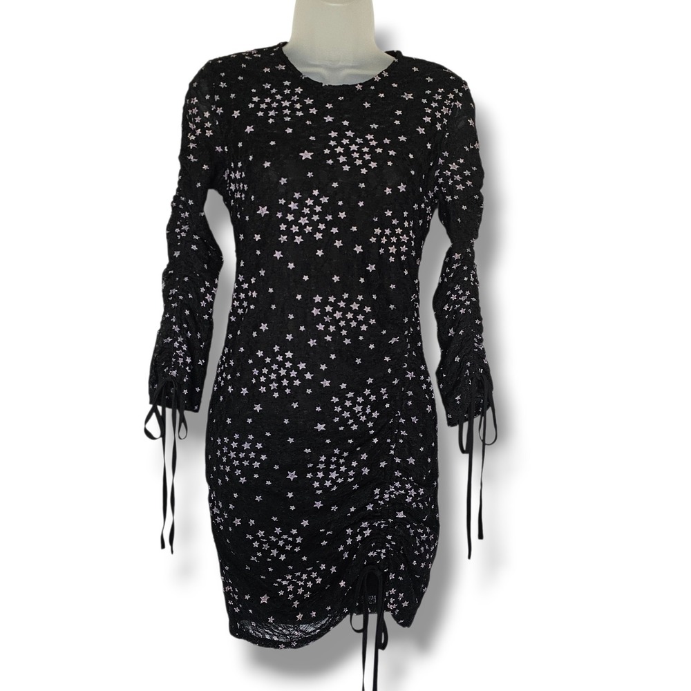 Topshop Dress 2 Black Star Print Lace Ruched Bodycon Mini Celestial Whimsigoth